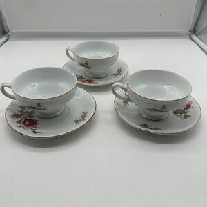 Set of 3 Vintage Grantcrest Royal Rose Footed Cups Mugs & Saucers Pink Gold Trim
